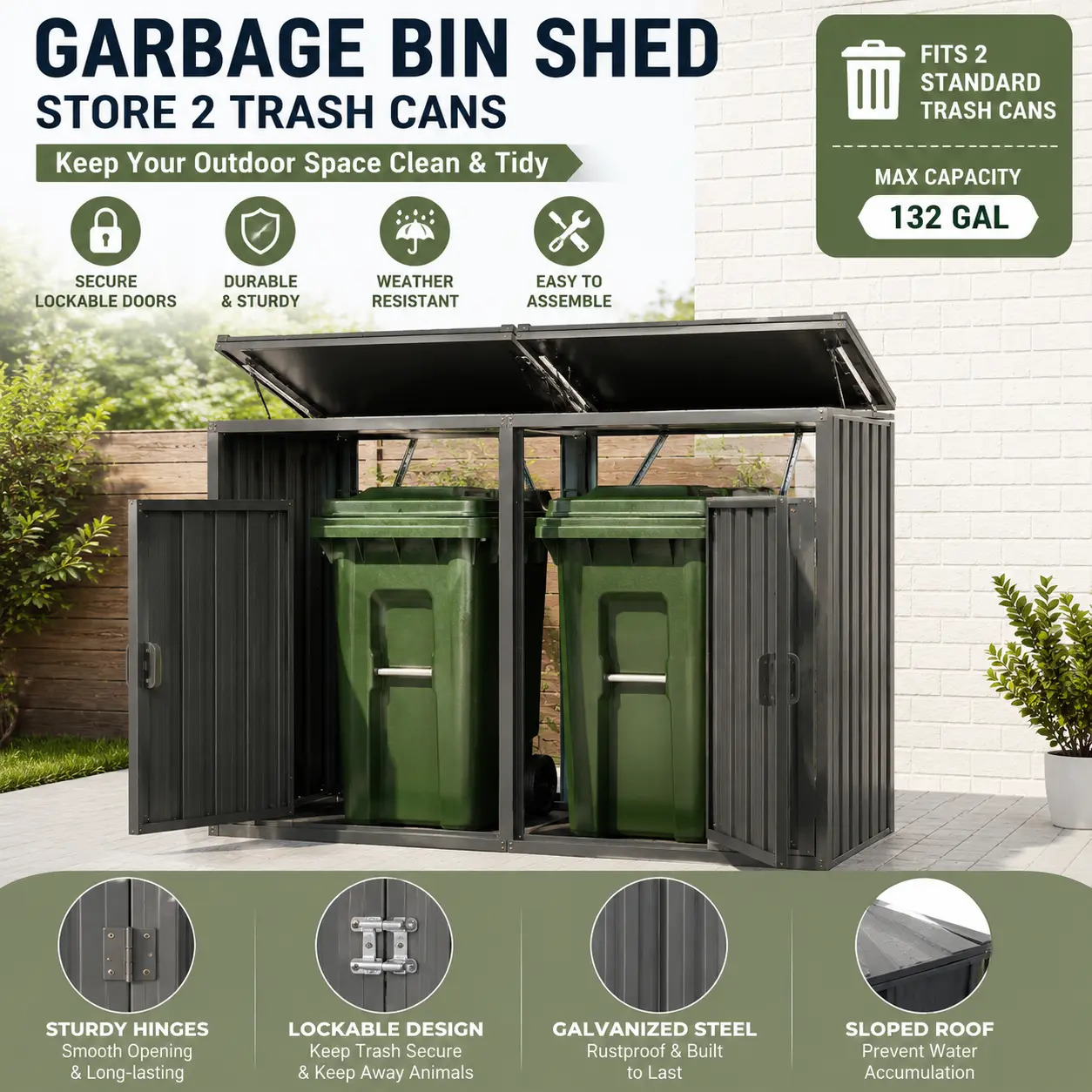 Elon Outdoor Trash Can Shed Metal Garbage Bin Storage for 2 Bins Stainless Galvanized Steel Weatherproof Trash Can Enclosure for Garden Backyard Patio Lawn Grey Large Trash Bin Organizer Hideaway Home Improvement Yard Decor