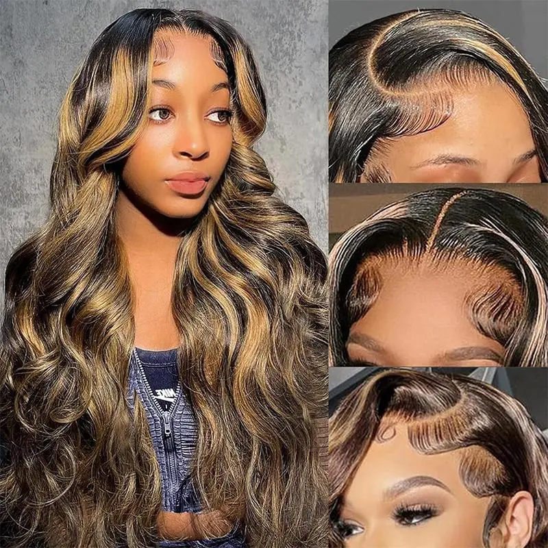 Zlzlblbl 13x6 Ombre Body Wave Lace Front Wig Human Hair 1B/27 Highlight for Women 200% Density