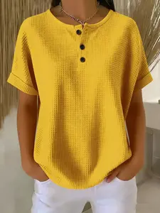 Women's Summer Waffle Knit Short Sleeve Top, Blouse, Plain Batwing Sleeves, Button Front Loose Fit, Casual Everyday Wear