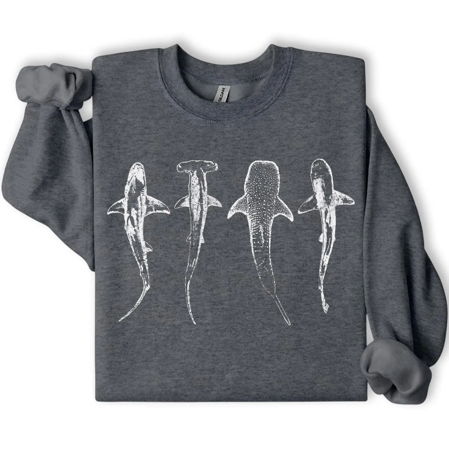 Gildan Unisex Shark Species Crewneck Sweatshirt, Hammerhead & Whale Shark Graphic Pullover, Shark Lover Gift