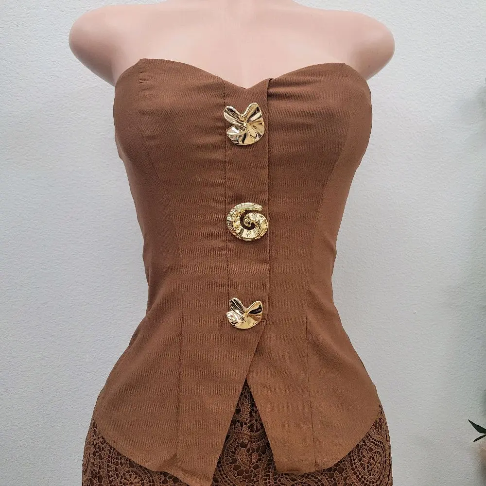 Womenswear Chocolate Brown and Black 1-Piece Set with Crocheted Pants and Strapless Top, Adorned with Gold Embellishments