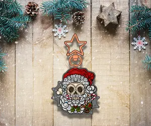 Skully Claus | Clear Acrylic Double Sided Keychain | Gold Star Hook Clip Charm | Holiday | Christmas