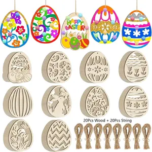 Easter Wooden Egg Cutouts Set -20pcs Unfinished Wood Blanks with 20 Jute Strings for DIY Crafts, Easter Party Decor & Hanging Ornaments, Home Decor Ornaments
