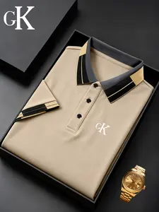New stylish high-quality men's polo shirt, CK letter print design, suitable for golf, fishing, camping, business office, and daily wear, stretchy, breathable, very comfortable, durable premium short sleeve top for fitness, leisure, and walking