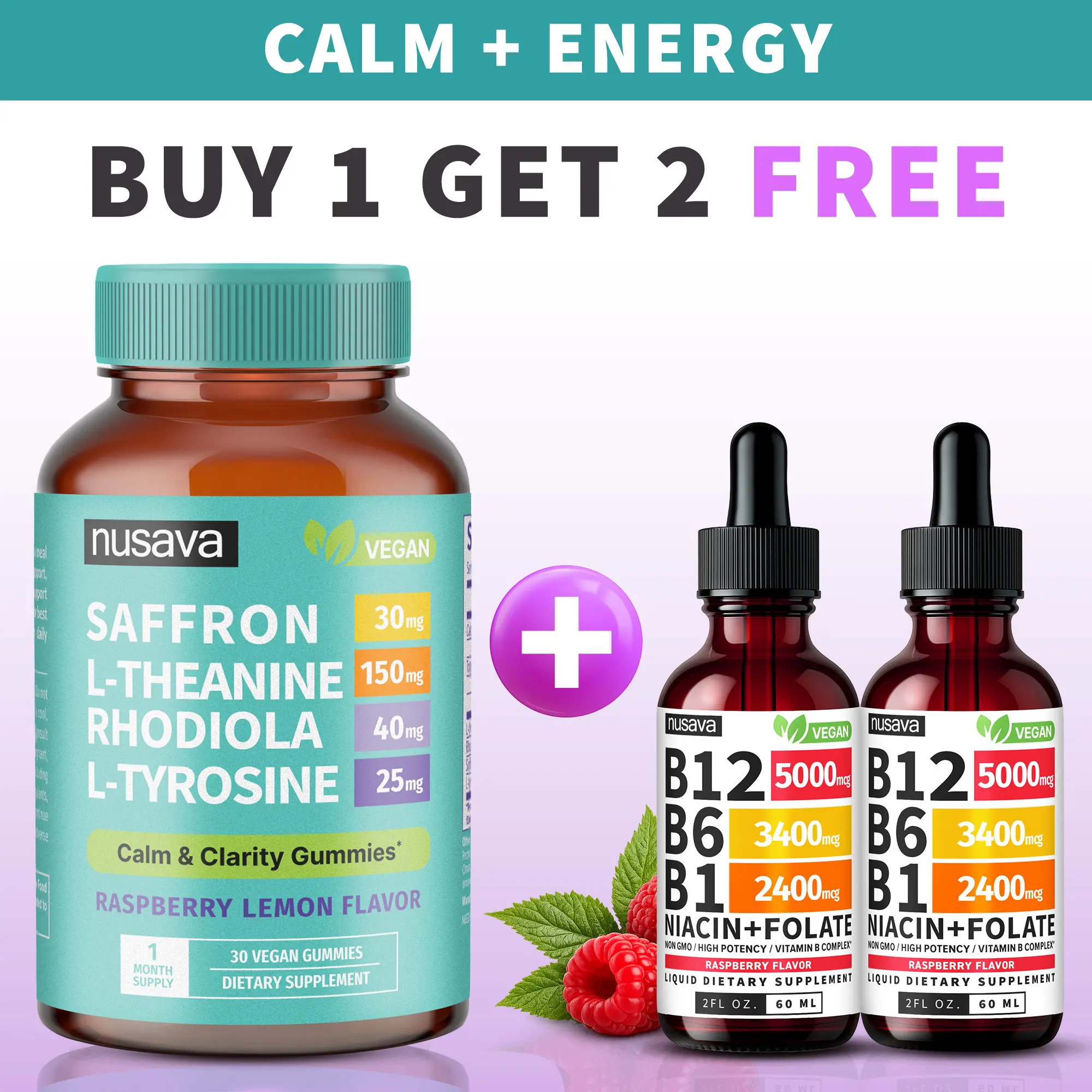 (3-PACK) NUSAVA Calm Energy Stack | Saffron Gummies + B12 Liquid Drops | Daily Mood, Focus & Sustained Energy Support | Saffron Extract, L-Theanine, Rhodiola + B12, B6, Folate | Vegan | Caffeine-Free | 2-Product Bundle