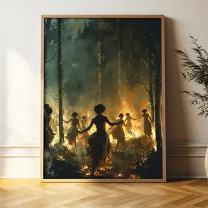 Mystical Forest Fire Dance Art, Dark Fantasy Women Ritual Painting, Moody Woodland Scene Print, Ethereal Witchy Aesthetic Decor, Dramatic Firelight Artwork, Gothic Nature Decor, Statement Living Room Art wooden frame canvas print wall