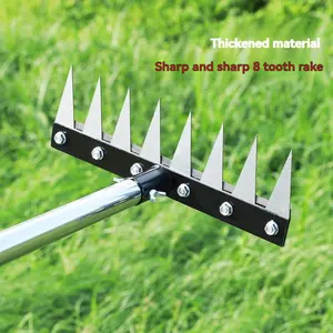 8 Tooth Weed Rake Steel Garden Tool, Large Wide Weeding Shovel, Root Removal Soil Loosening, Dual Use Herb Digging Fork
