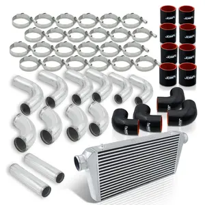 Universal 3" 12 Pieces Aluminum Piping Kit Polished (x2 Straight / x6 90 Degree Long / x4 90 Degree Short) + Silicone Couplers Black + Universal Aluminum Intercooler (Bar & Plate | Overall: 31.0" x 11.75" x 3.0" | Core: 23.0" x 11.0" x 3.0")