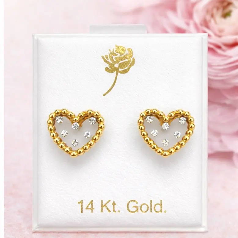 14K Gold Diamond Heart Stud Earrings Elegant Beaded Open Heart Design 14 Kt Gold Fine Jewelry with Sparkling Diamonds and Secure Stud Backing