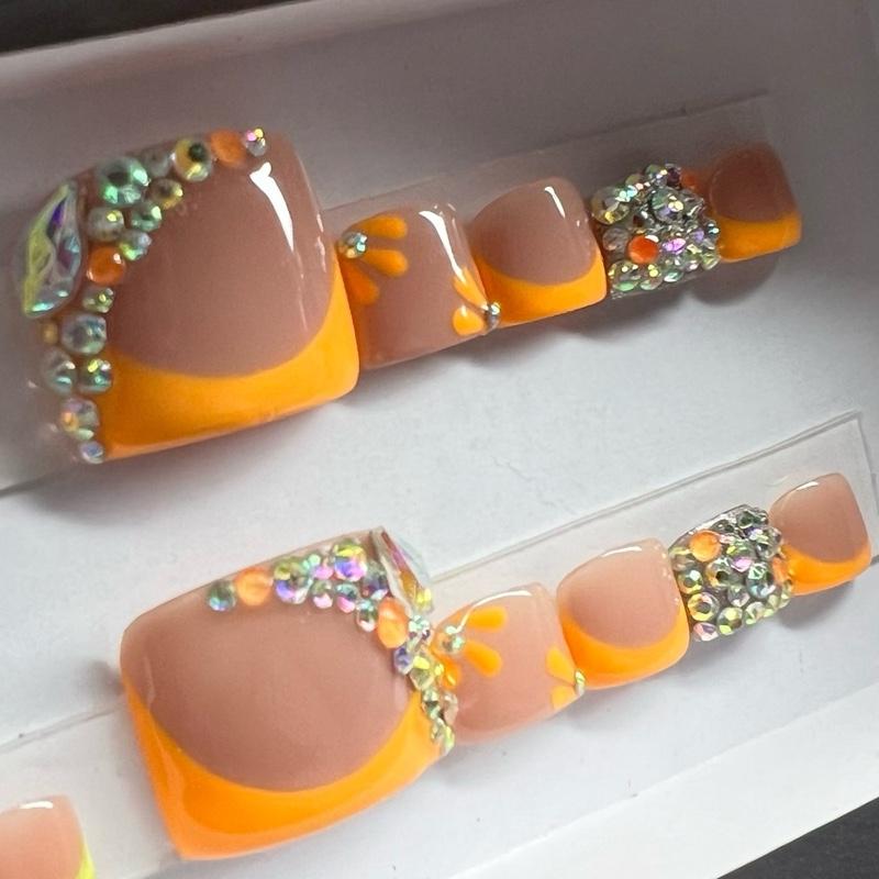 Pedicure Set with Orange Bling Design Featuring Sparkling Rhinestones and Vibrant Orange Accents for Stylish Foot Care
