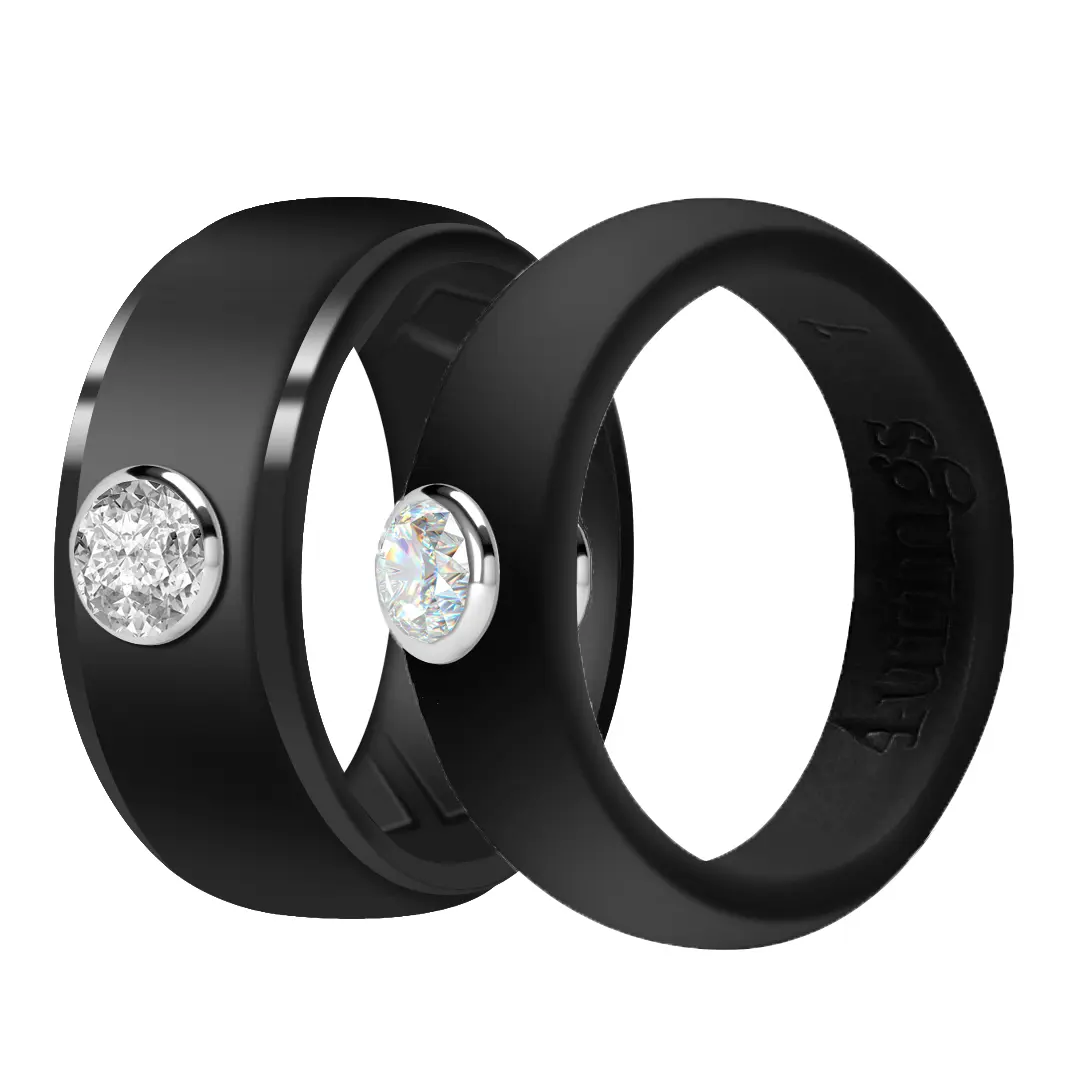 Luxury Crystal Couple Ring Set - His 10mm Textured Silicone Wedding Band, Her 5.7mm Elegant Rhinestone Engagement Ring, Classical Stacking Costume Jewelry, Elegant Rhinestone Ring