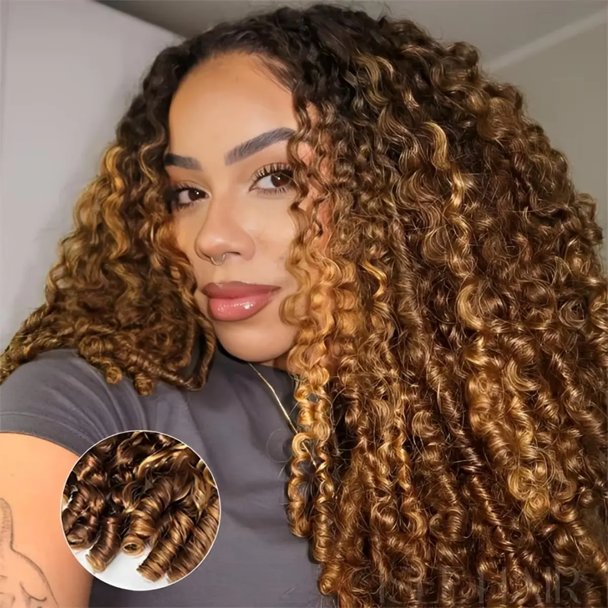 P4/27 Highlight Half Wig Human Hair Burmese Curly Wig for Women 180% Density 3 In 1 Seamless Flip Over Half Wigs Beginner Friendly Glueless Wigs Human Hair with Spiral End FB30 Curly Half Wig Drawstring