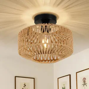 Boho Light Fixtures Ceiling Mount,Mini Rattan Chandelier Light Fixture with Dimmable LED Bulb,Hand Woven Ceiling Light Fixtures Flush Mount for Hallway Bedroom Kitchen Entryway Living Room Rustic Elegant Decorative Unique Design Bohemian Modern Pattern