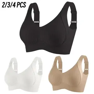 EssElegance 2/3/4PCS Women's Solid Four-breasted Adjustable Wireless Bra, Soft Comfortable Breathable Ribbed Push Up Seamless Bra, Women's Lingerie for All Seasons