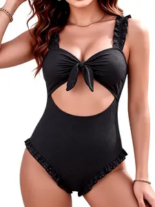B2LOVER Women's Halter One Piece Swimsuit Textured Ruffle Cut Out Tie Front Swimwear High Tummy Control Bathing Suit