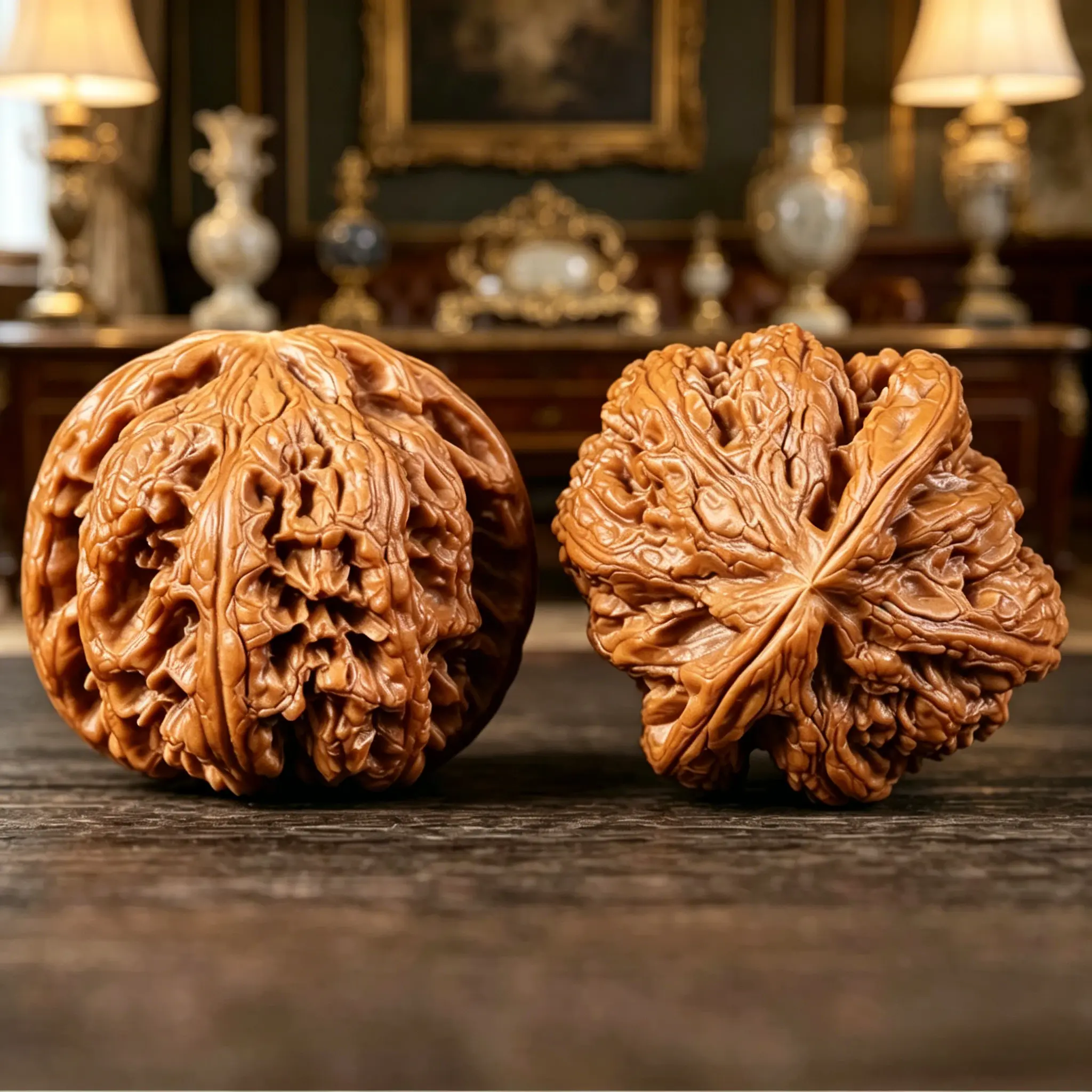 Luxury Ergonomic Wood Hand Massage Balls - Handmade Craft Set of 2, Individually Sculpted Natural Walnut Darker Patina, Unisex Tendon Soothing Muscle Therapy Stress Relief Fidget Toys for 12+ Adults