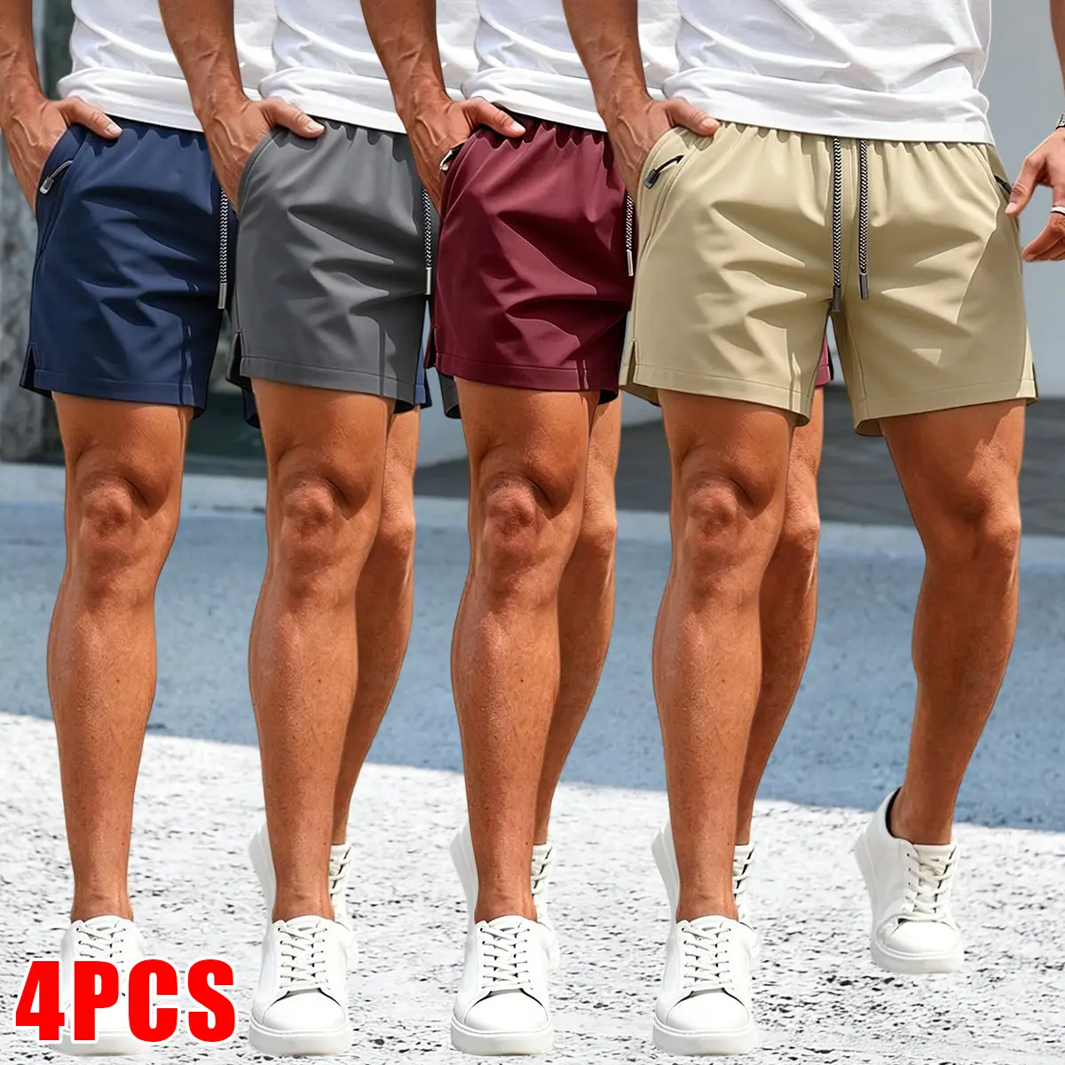 Set of 4 summer sports casual shorts: minimalist style, slightly stretchy waistband with drawstring, comfortable shorts with printed pockets and drawstring design, quick-dry comfort shorts, casual zippered pockets, summer shorts, men’s shorts.