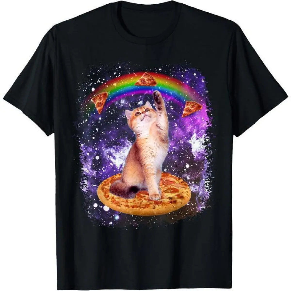 Space Cat Pizza Rainbow Galaxy Print Cotton T-Shirt - Relaxed Fit, Shortsleeve, Soft, Comfy, Breathable Sports Top for Casual Outfits, Fabric, Round Neck, Tee, Tshirt, Streetwear, Classic, Breathable Fabric, Reinforced Stitch, Crew Neck