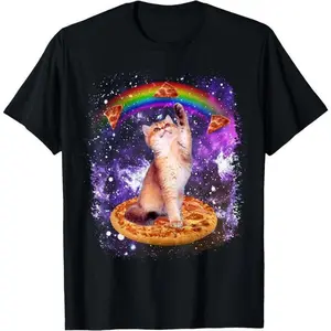 GEM 100% Cotton Space Cat Pizza Rainbow Cat Galaxy Cute Kitty In Space T-Shirt for Casual Outfit Breathable Animal Print