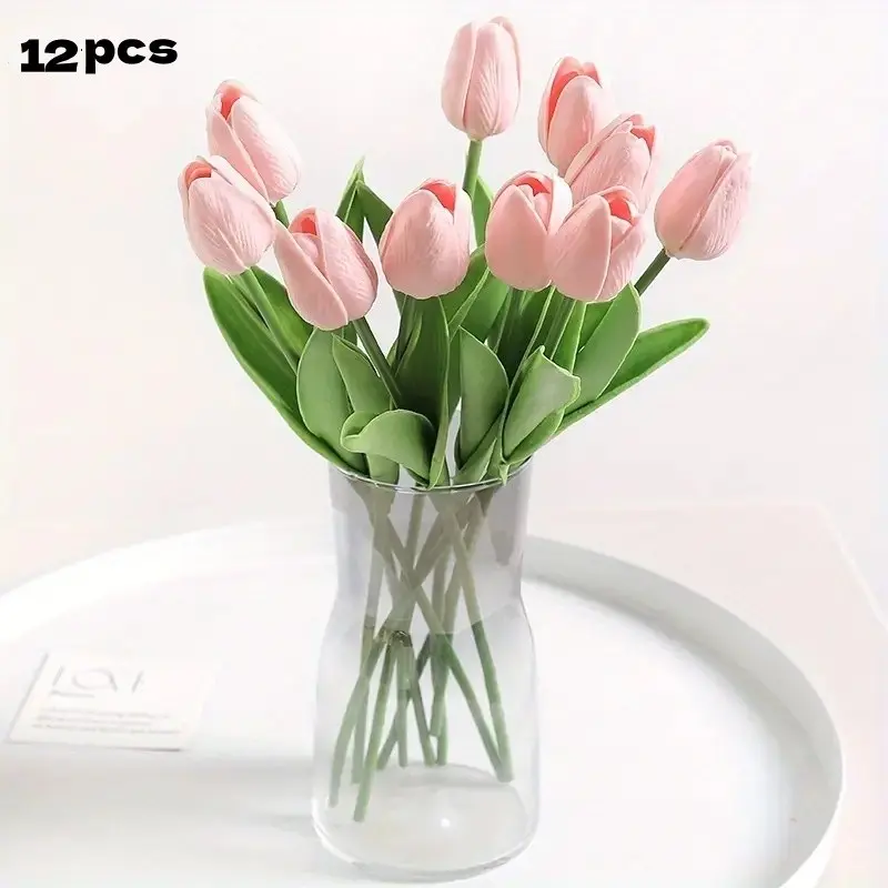 12 pieces of high-quality artificial tulips suitable for use in 4 quarters. Made of superior material, with lifelike flowers. Perfect for decoration in wedding/indoor/outdoor/festival events/parties/hotels and other scenarios.