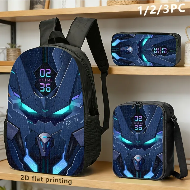 3pcs Sci-Fi Mech Character-Themed Backpack Set - Colorful Robotic Blaze Blue-Black Adjustable Buckle Backpack, Lunch Bag with Glowing Digits, Ideal for Young Adults' Daily Commute, Study, Colorful Robotic Backpacks, Adjustable Buckle Backpacks