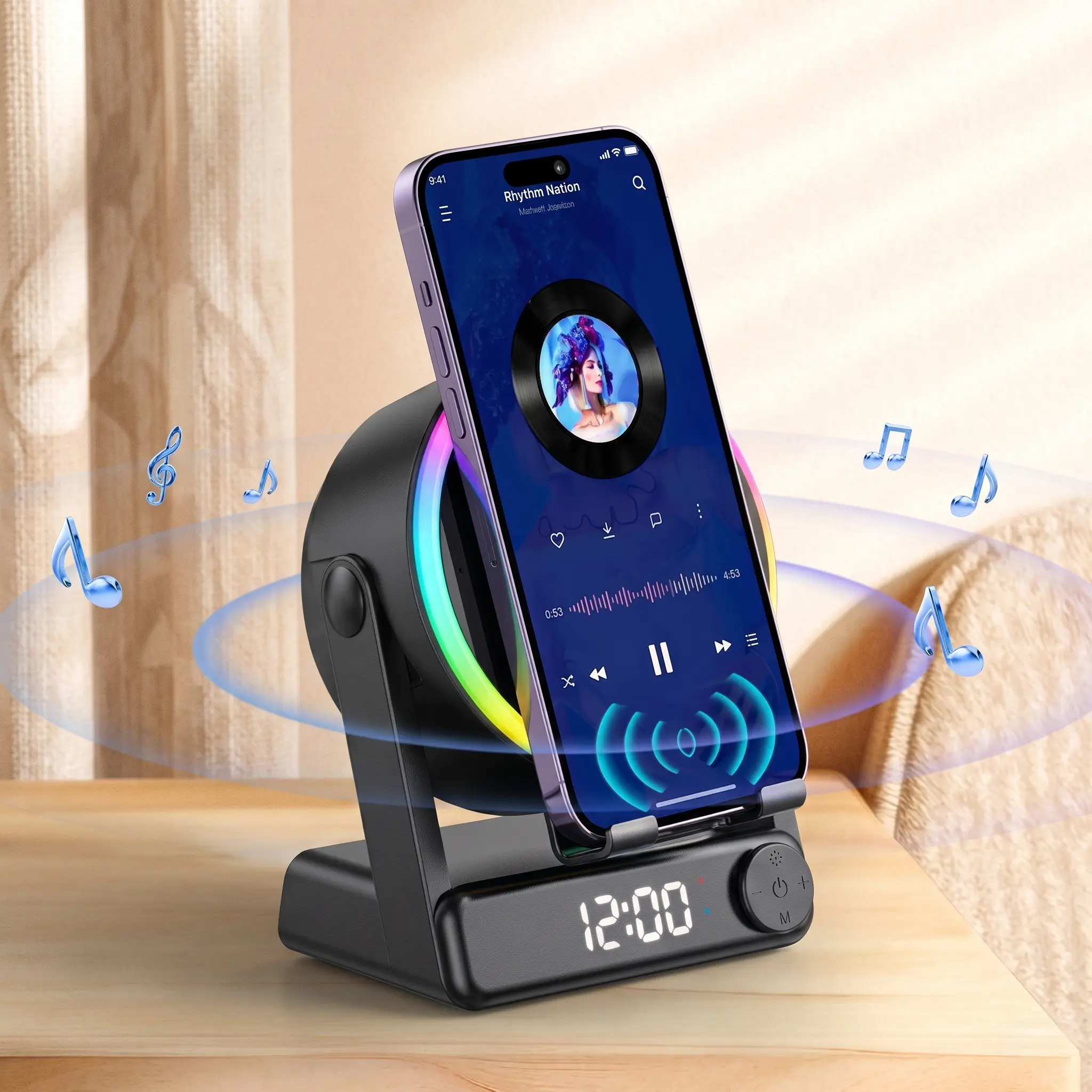 MFHHFM 5 in 1 Wireless Induction Speaker with Phone Stand, Stereo Bluetooth Speaker, Digital Alarm Clock, RGB LED Night Light, Adjustable Holder for Home Office Bedroom