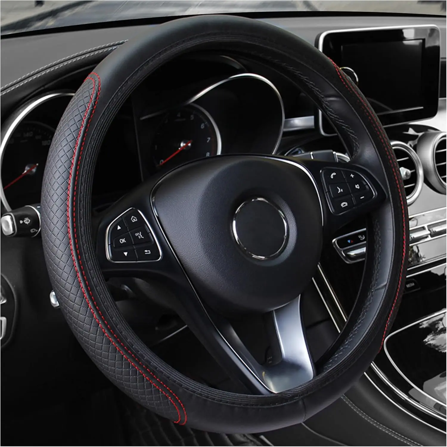 Car Steering Wheel Cover – Fiber Leather, Classic Checkered Pattern, Anti-Slip, Full Surround Elastic Fit, Breathable, Machine Washable, 15 x 16 Inch, Universal for Most Cars