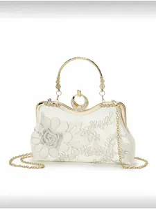 Ivory Floral Embroidered Clutch Bag With Rhinestones And Flower Handle, Elegant Fashion Evening Bag Suitable For Women's Party, Wedding, Formal Occasion, Wedding Guest