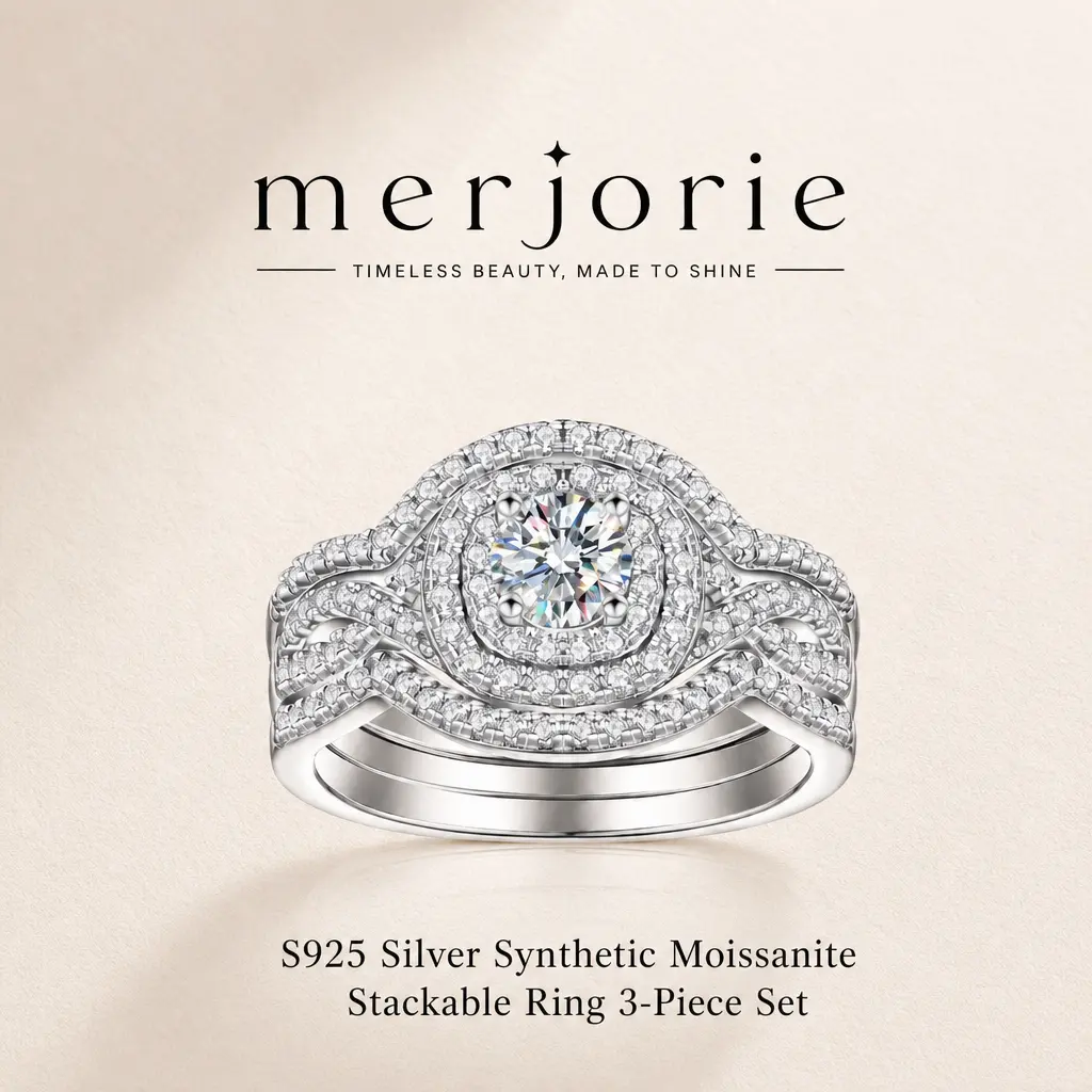 Women's S925 Sterling Silver 3-in-1 Halo Moissanite Stackable Bridal Ring Set, Promise Ring for Anniversary, Birthday Gift