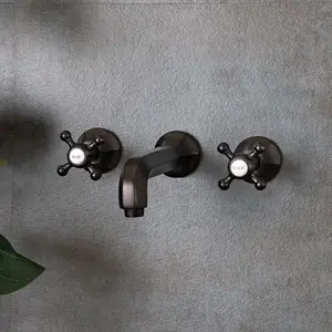 Oil Rubbed Bronze Wall Mount Bathroom Sink Faucet with Cross Handle Knobs