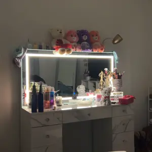 VOWNER 54'' Tall Makeup Vanity Desk with Lighted Mirror ,9 Drawers, Soft Cushioned Stool for Bedroom