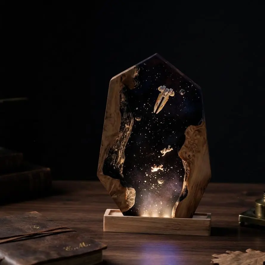 Sci-Fi Y-Wing Resin Lamp, Sci-Fi Galaxy LED Night Light, Handmade Space Lamp with Wood Frame, RGB USB Desk Decor with Remote Control, Sci-Fi Gift