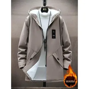Men's Solid Fleece Jacket With Pockets, Casual Zip Up Long Sleeve Warm Hooded Coat For Winter Outdoor Activities