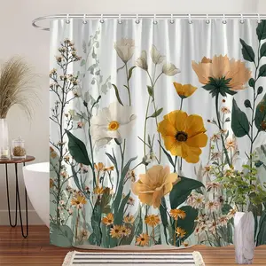 1Pc Floral Shower Curtain Yellow Flower Vintage Botanical Design Bathroom Decor Polyester Fabric Bath Curtain 70.8x70.8 Inch with 12 Hooks Floral Nature Theme