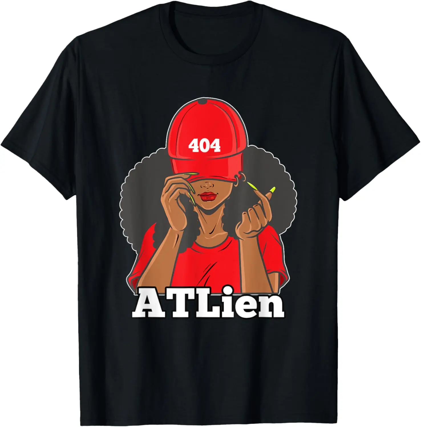 Women's 100% Cotton Short-Sleeve Casual Vintage Graphic T-Shirt - 404 ATLien Atlanta Area Code Black Woman Afro Design, Streetwear Everyday Top