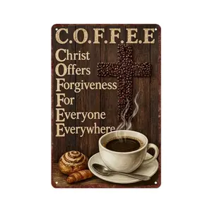 12x8in Aluminium Coffee Plaque Sign, C.O.F.F.E.E Christ Offers Forgiveness Quote, Rustic Religious Wall Art for Christian Home Coffee Bar & Kitchen Decor