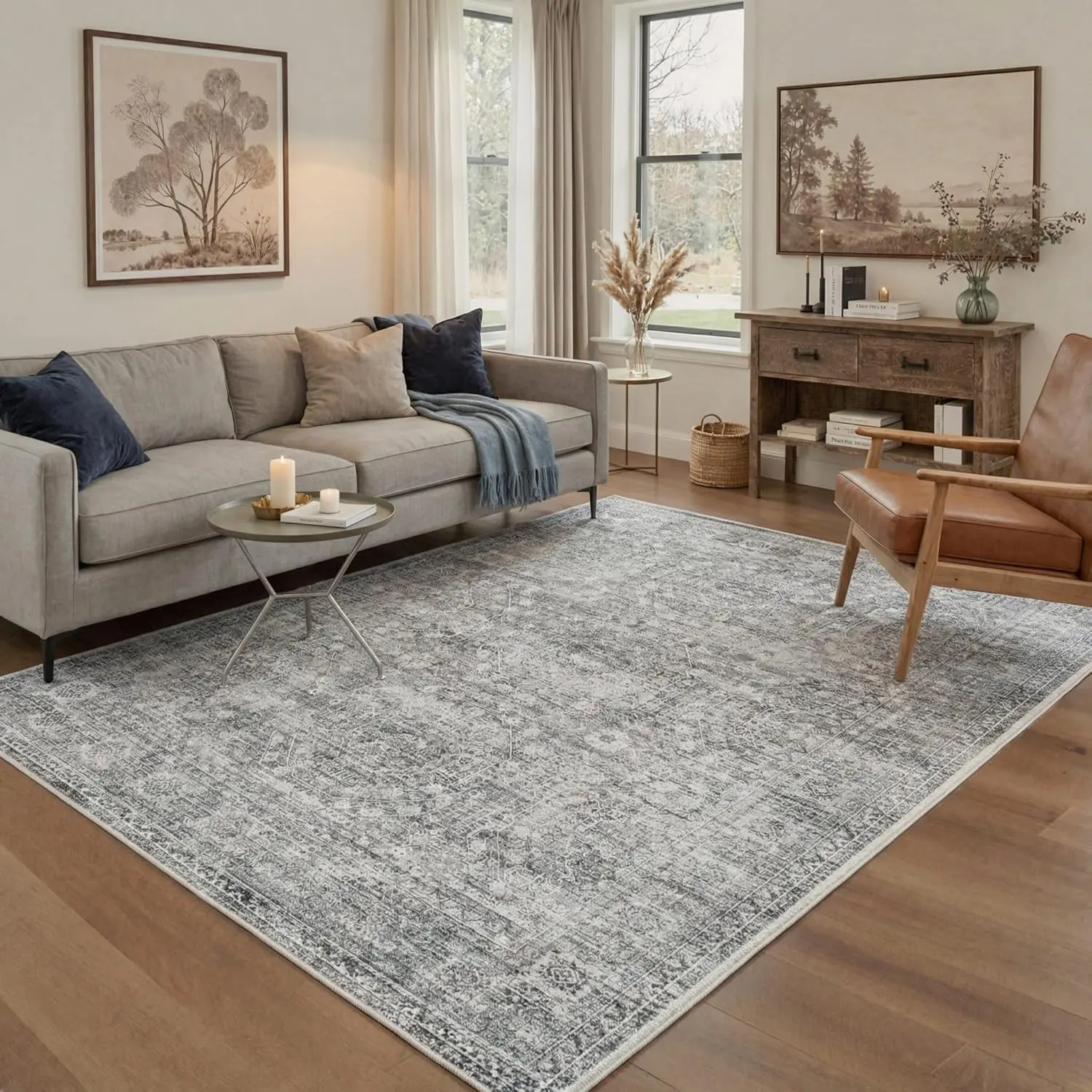 【Back To School】GENIMO Washable Rugs for Living Room Non Slip Low Pile Lightweight Area Rugs, Machine Washable Vintage Medallion Print Rug for Bedroom Dining Room Home Office, Ash Gray