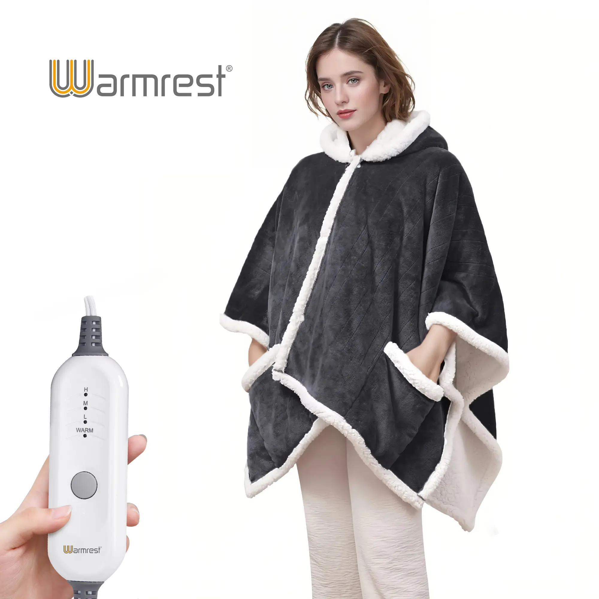 Warmrest Wearable Heated Throw Blanket Electric Shawl - Heated Robe Poncho Blanket Hoodie for Adult, Winter Gifts for Mom Women Girlfriend Grandma, Warm Sherpa with Pockets