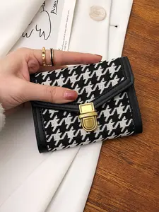 Women's Canvas Checkered Print Three-Fold Short Wallet, Fashionable Card Holder, Essential for Office and Travel, Perfect Birthday Gift
