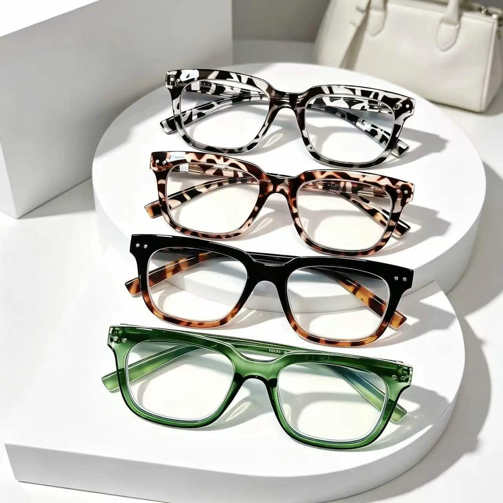 4-piece set of retro square anti-blue light reading glasses, in Oprah style, suitable for both men and women - large frame in tortoiseshell color, spring hinge, 0 to +6.00 diopters, stylish and elegant frame, ideal as a holiday gift