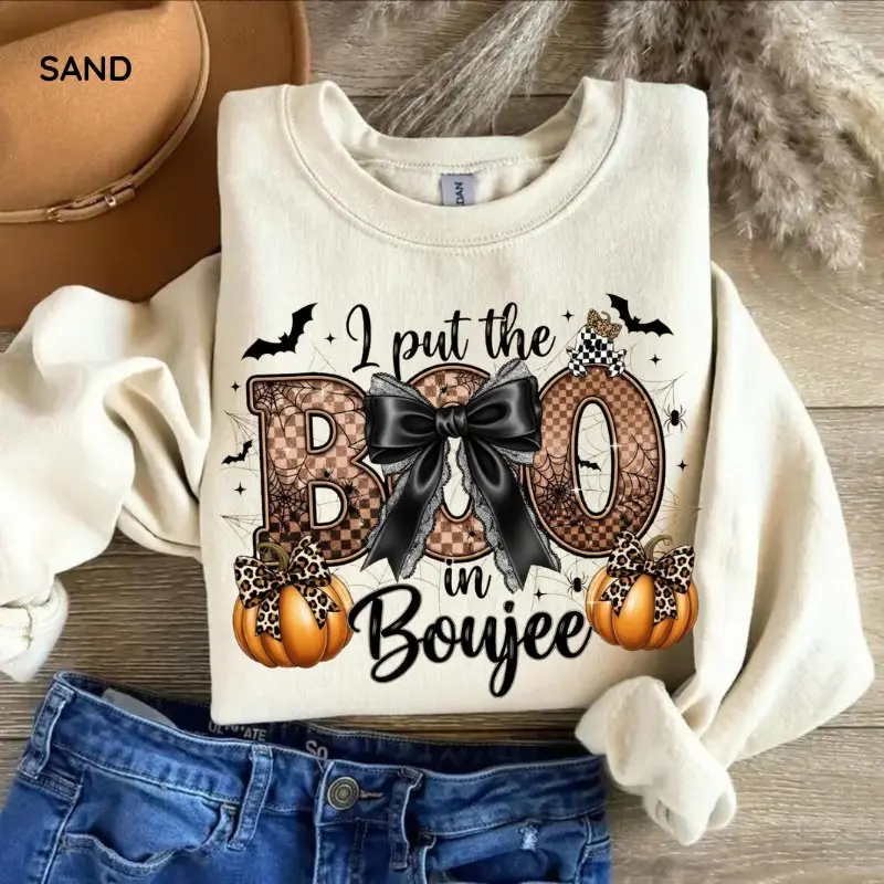 Retro Boujee Halloween Sweatshirt, I Put The Boo in Boujee Sweatshirt, Coquette Pumpkin Sweatshirt, Spooky Season Fall Sweatshirt, Cute Halloween Mama Gift Gift For Women