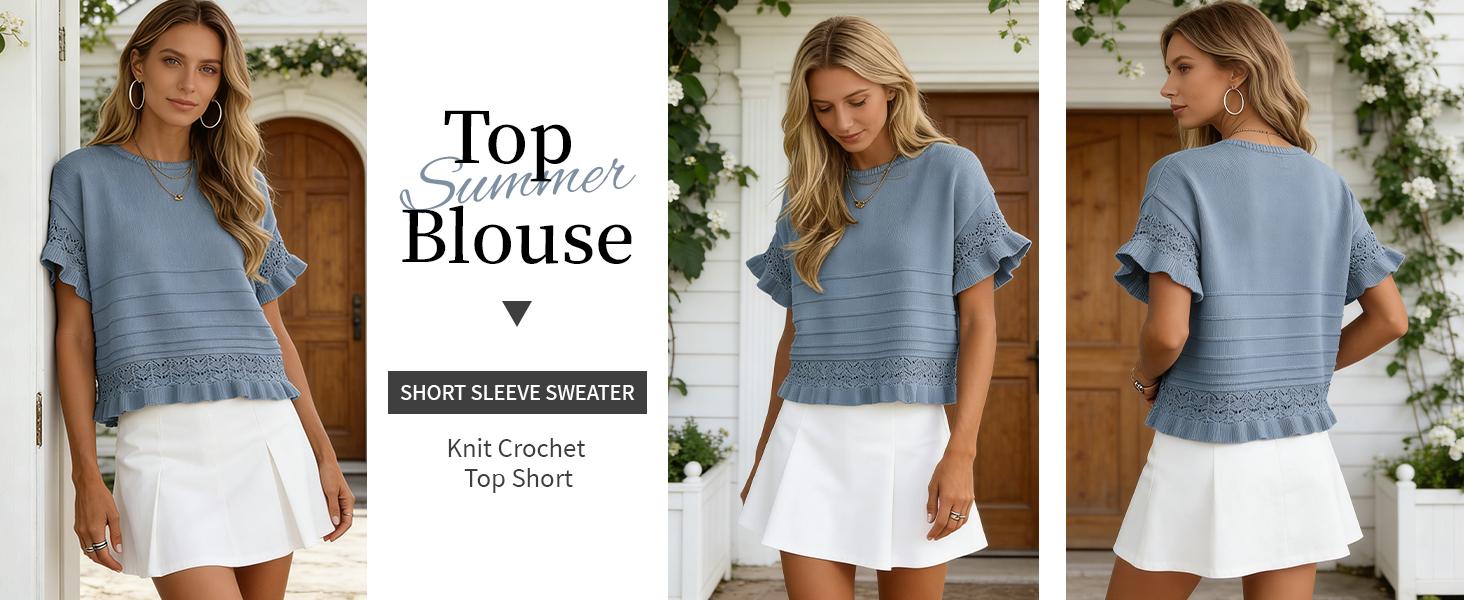 Tanming Womens Short Sleeve Sweater Round Neck Ruffled Hem Knit Crochet Pullover Casual Top Blouse Springfresh Summer Outfit Tanming Womens Short Sleeve Sweater Round Neck Ruffled Hem Knit Crochet Pullover Casual Top Blouse Springfresh Summer Outfit