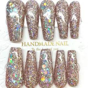 Royal Carmu Gold Glitter 10 PCS Handmade Acrylic Press-On Nails, Easy Application, and Various Lengths Available
