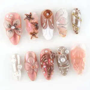 Seashell Pearl Coral Press On Nails, 3D ocean nails, under the sea nails, floral shell art, beach themed nails