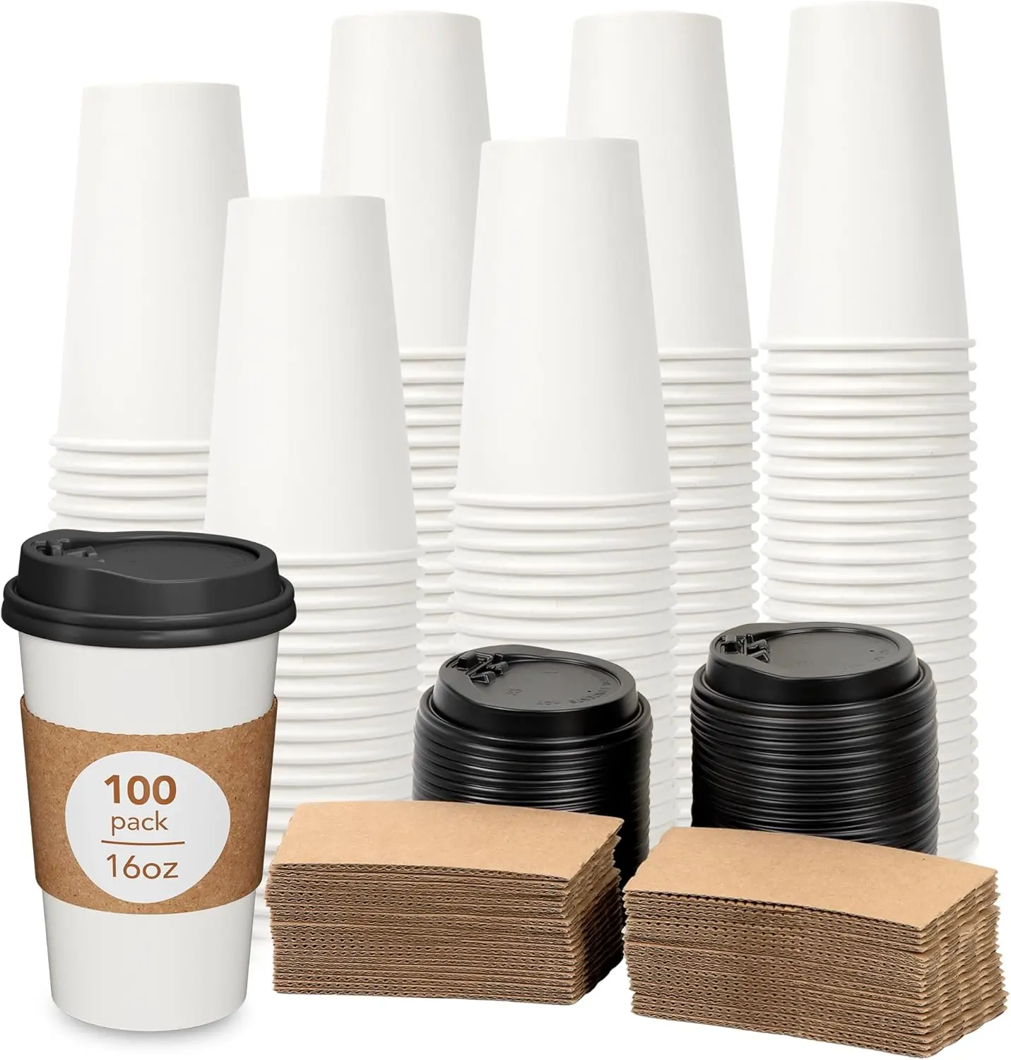 HOW'S MY HOUSE 100 Pack 16 oz Disposable Coffee Cups with Lids, Sleeves, Premium To Go Coffee Cups with Lids, Durable Thickened Hot White Paper Cup for Cold/Hot Beverage Chocolate Cocoa