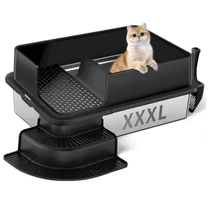 XXXL Stainless Steel Litter Box, 28"x20"x12" Extra Large Semi Enclosed High Sided Metal Cat Litter Box with Filtered Grid, Step, Scoop, Non-Sticky, Non-Odor, Easy Cleaning
