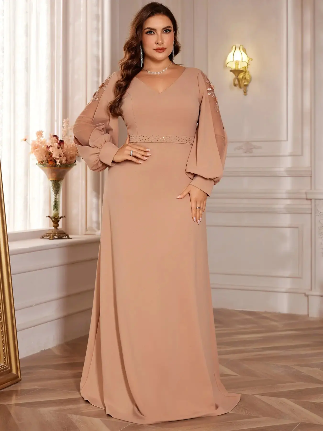 Plus Size V Neck Bubble Long Sleeve Statement Evening Gown, Rhinestone Waist Decoration, Floor-Length Formal Dress, Wedding Guest, Graduation Dance, Party, Womenswear