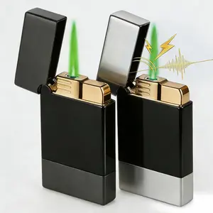 Windproof Adjustable Green Flame Torch Lighter with Press Ignition, Refillable Butane Gas Jet Lighter, Portable Outdoor Fire Starter for Camping, Bbq, Candles & Survival, Gift for Men (Gas Not Included)