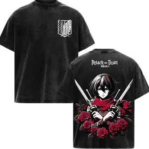 Unisex Mikasa Ackerman Vintage Washed Plain Anime Tee - Attack on Titan Oversized Graphic Top, Scout Regiment Warrior, Ackerman Bloodline Eren Protector, Dark Emotional AOT Streetwear, Retro Manga Aesthetic Fan Gift, Menswear T-shirt PO9