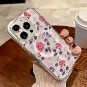 Pink purple rose pattern, anti drop and anti slip support MagSafe charging phone protective case, suitable for iPhone 17 16 15 14 13 12 11 XS X and other series models, can be given as a gift to friends or family